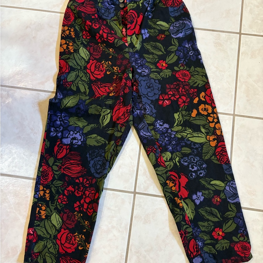 Lucy & Yak Floral Print High-Waist Pants in Black, Red, Green, Blue. Roses!